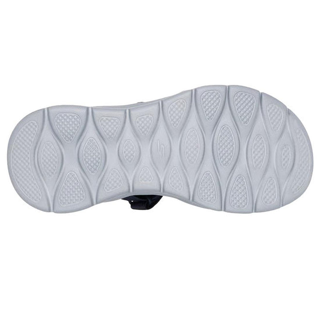 The image shows the bottom view of the Skechers Mens Go Walk Flex SD Easy Entry Slip In Sandals Navy sole, featuring a white rubber surface with wavy, textured oval and diamond patterns for grip and traction., 48226, 48227, 48228, 198376834012, 198376834029, 48231, 48232
