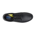 Top view of the Skechers Men’s EXTRA Wide Width Garlan Pryor Waterproof Slip-On Trainer in black, featuring a label inside that highlights its waterproof vegan leather, air-cooled memory foam insole, and odor reduction benefits., 53093, 53094, 198739933048, 198739933062, 53097