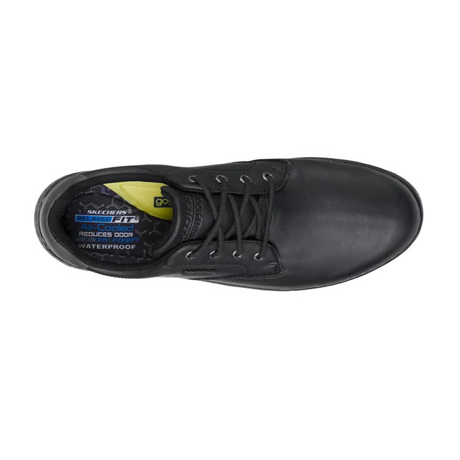 Top view of the Skechers Men’s EXTRA Wide Width Garlan Pryor Waterproof Slip-On Trainer in black, featuring a label inside that highlights its waterproof vegan leather, air-cooled memory foam insole, and odor reduction benefits., 53093, 53094, 198739933048, 198739933062, 53097