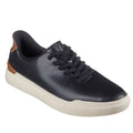 The Mens Skechers Slip-ins Owen - Connell Black features a black sneaker with perforated details, black laces, a white sole, and a brown heel accent. Air-Cooled Memory Foam delivers modern comfort in this sporty slip-on style.
