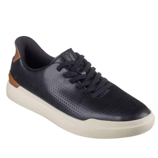 The Mens Skechers Slip-ins Owen - Connell Black features a black sneaker with perforated details, black laces, a white sole, and a brown heel accent. Air-Cooled Memory Foam delivers modern comfort in this sporty slip-on style.