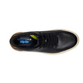 Top view of the Mens Skechers Slip-ins Owen - Connell Black sneaker with white soles, perforated toe, black laces, no-tie slip-on design, Air-Cooled Memory Foam insole, and blue and yellow accents.