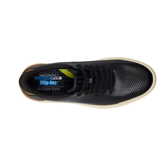 Top view of the Mens Skechers Slip-ins Owen - Connell Black sneaker with white soles, perforated toe, black laces, no-tie slip-on design, Air-Cooled Memory Foam insole, and blue and yellow accents.