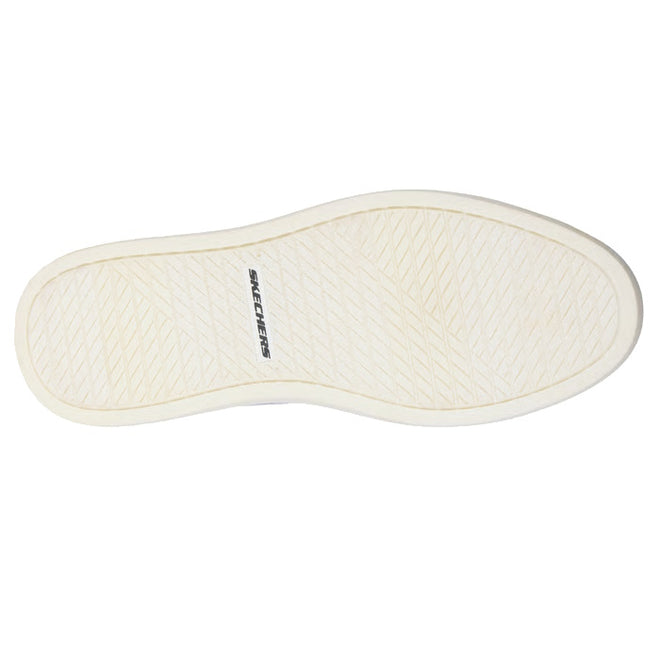 The image shows the white rubber sole of the Mens Skechers Slip-ins Owen - Connell Black, featuring a textured diagonal line pattern and the black Skechers logo at the center.