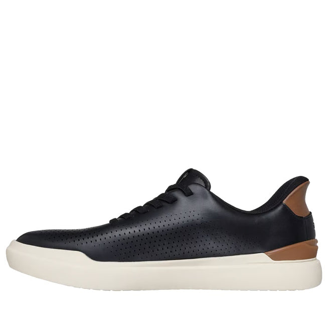 The Mens Skechers Slip-ins Owen - Connell Black is a black low-top sneaker with perforated sides, black laces, a white rubber sole, Air-Cooled Memory Foam comfort, and a brown heel accent, shown in side profile on a white background.