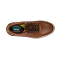 Top view of Mens Skechers Slip-ins Owen Connell Brown sneaker with dark brown laces, perforated toe, and white sole. Features a "Classic Fit Slip-ins" memory foam insole for comfort and odor control.