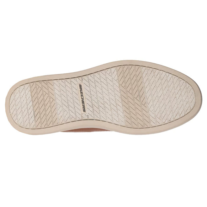 The image shows the sole of the Mens Skechers Slip-ins Owen Connell Brown shoe, featuring a light beige color, a herringbone tread pattern, and a small Skechers logo in the center, highlighting its comfortable slip-on design.