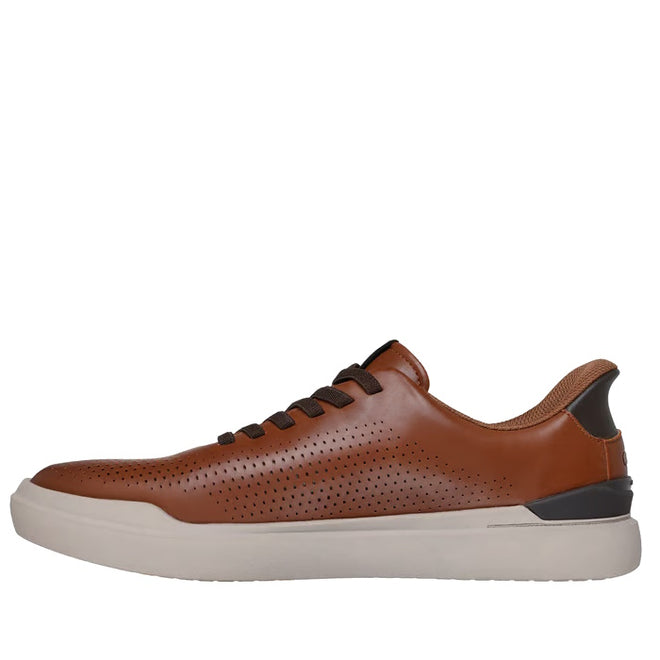 The Mens Skechers Slip-ins Owen Connell Brown is a brown leather sneaker with perforated sides, black laces, black heel accent, and a thick white rubber sole with memory foam insole, shown in side view against a white background.