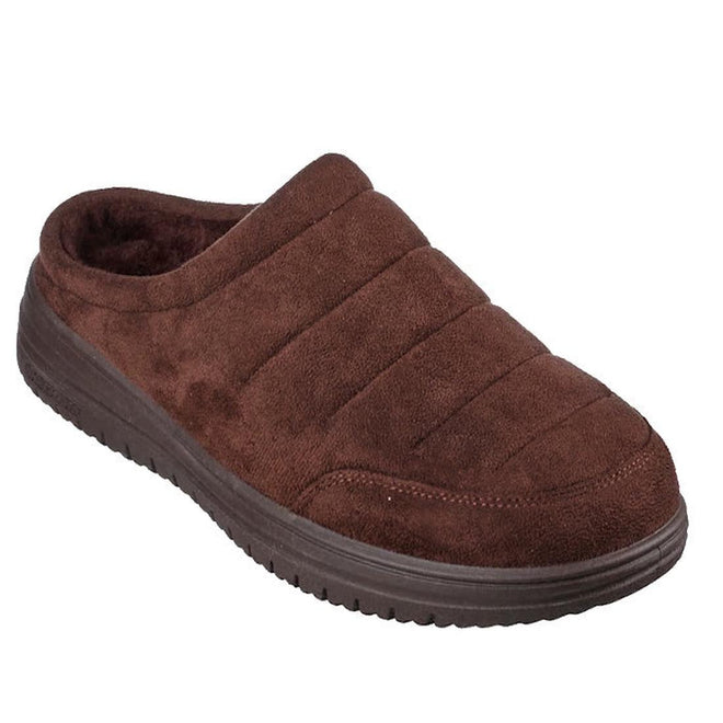 The Skechers Mens Relaxed Fit: Murette - Garvanza Slipper Scuff in Chocolate Brown features a quilted plush upper, thick textured rubber sole, and cozy faux-fur lining, offering indoor comfort in a classic scuff style.