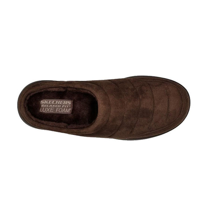 Top view of the Skechers Mens Relaxed Fit: Murette - Garvanza Slipper Scuff in Chocolate Brown, featuring a plush faux-fur lining and Luxe Foam branding on the insole., 52028, 52029, 196311210495, 196311210501, 52032, 196311210518