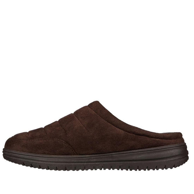 The Skechers Men's Relaxed Fit: Murette - Garvanza Slipper Scuff in Chocolate Brown features a cushioned suede upper, cozy faux-fur lining, and a thick ridged black rubber sole, shown in profile on a white background., 52028, 52029, 196311210495, 196311210501, 52032, 196311210518