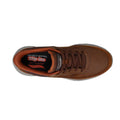 Top view of the brown Skechers Go Walk Men's Arch Fit Orvan Moxley Slip-Ins Hands Free shoe, featuring brown laces, orange inner lining, and insole with Skechers logo highlighting Slip-ins and Air-Cooled Arch Fit comfort support., 48808, 48809, 198376510428, 48811, 198376510442