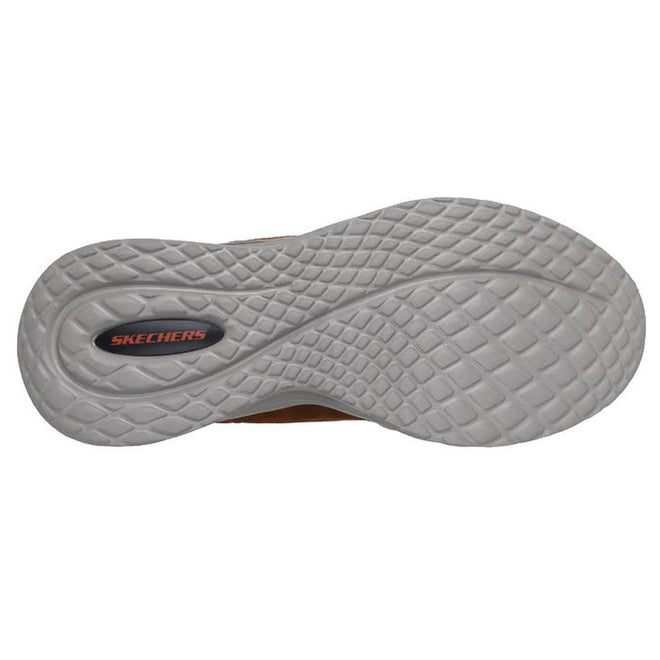 The image shows the textured white sole of the Skechers Go Walk Mens Arch Fit Orvan Moxley Slip Ins Hands Free Brown Shoe with a diamond pattern and an oval black area near the heel featuring the Skechers logo., 48808, 48809, 198376510428, 48811, 198376510442