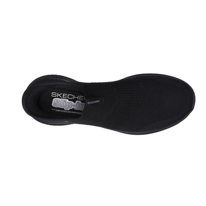 Top view of the Skechers Mens Slip Ins Ultra Flex 3.0 Viewpoint in black, featuring a breathable mesh upper, Stretch Fit design, “Skechers Slip-ins” branding on the insole, and Air-Cooled Memory Foam for all-day comfort., 38456, 196311463709, 196311463723, 38459, 38460, 196642911429, 196642911443, 196642911467