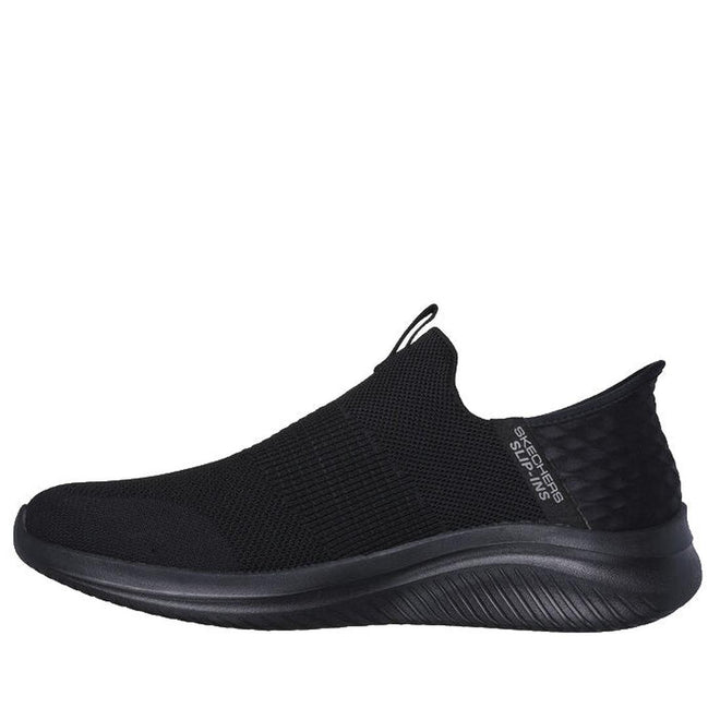 The Skechers Mens Slip Ins Ultra Flex 3.0 Viewpoint is a black slip-on sneaker with a textured knit upper, Stretch Fit design, pull tab on the tongue, cushioned sole, subtle heel pattern, Skechers Slip-ins branding, and Air-Cooled Memory Foam., 38456, 196311463709, 196311463723, 38459, 38460, 196642911429, 196642911443, 196642911467