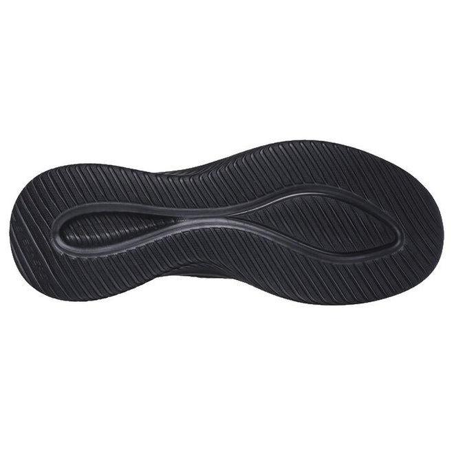 The image shows the black sole of a Skechers Mens Slip Ins Ultra Flex 3.0 Viewpoint shoe, featuring a wavy, textured tread pattern and a central groove running the length of the sole., 38456, 196311463709, 196311463723, 38459, 38460, 196642911429, 196642911443, 196642911467
