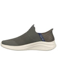 The Skechers Mens Slip Ins Ultra Flex 3.0 Viewpoint is a gray slip-on athletic shoe with a textured knit upper, Stretch Fit design, white ridged sole, and a blue pull tab at the heel featuring Skechers Hands Free Slip-ins branding., 38459, 38460, 196642911429, 196642911443, 196642911467