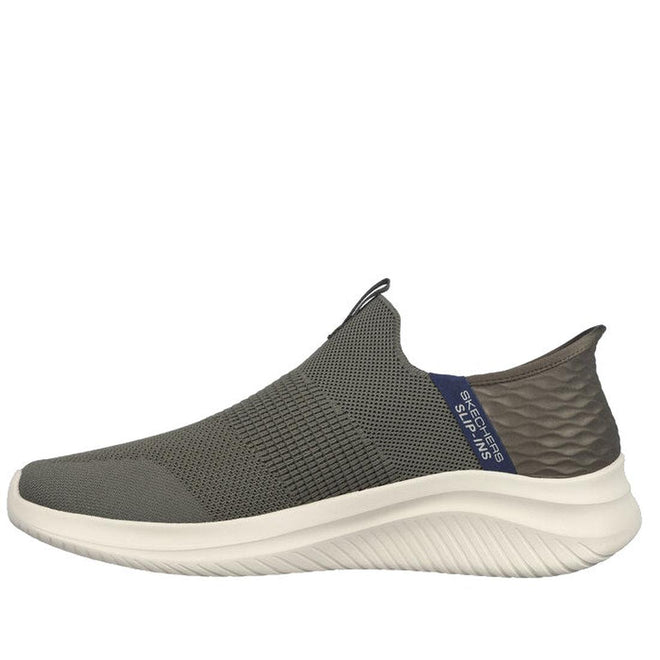 The Skechers Mens Slip Ins Ultra Flex 3.0 Viewpoint is a gray slip-on athletic shoe with a textured knit upper, Stretch Fit design, white ridged sole, and a blue pull tab at the heel featuring Skechers Hands Free Slip-ins branding., 38459, 38460, 196642911429, 196642911443, 196642911467