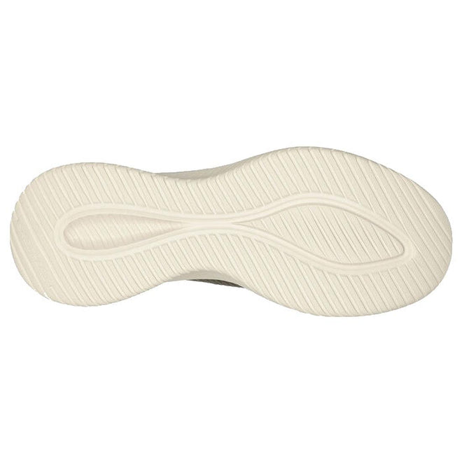 The Skechers Mens Slip Ins Ultra Flex 3.0 Viewpoint features a cream-colored sole with a wavy, textured grip pattern. Bottom view shows fine grooves and easy-access Hands Free Slip-ins design, set against a white background., 38459, 38460, 196642911429, 196642911443, 196642911467