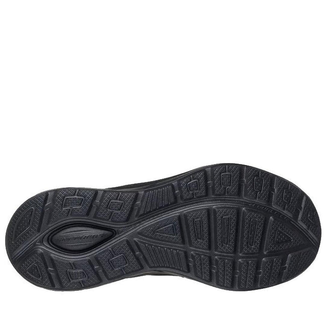 The image shows the black rubber outsole of Skechers Mens Slip Ins Relaxed Fit Equalizer 6.0 WW Stoaver, featuring geometric tread for grip and Skechers branding at the heel, plus Air-Cooled Memory Foam for comfort., 199025038959, 51659, 199025038973, 51661, 199025038997, 51663, 51664, 199025038959, 51659, 199025038973, 51661, 199025038997, 51663, 199025039017