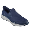 The Skechers Mens Slip Ins Relaxed Fit Equalizer 6.0 WW Stoaver Navy is a navy slip-on sneaker with a mesh upper, cushioned white sole, textured outsole grip, and Air-Cooled Memory Foam for comfort—ideal for extra wide men's casual wear.