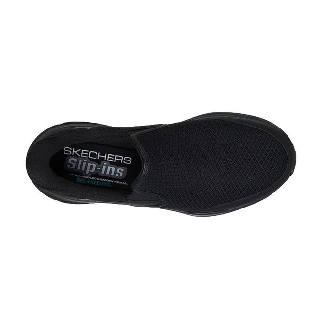 Top view of a black Skechers Mens Slip Ins Relaxed Fit Equalizer 6.0 WW Stoaver with mesh-like texture, labeled Slip-ins on the insole and featuring Air-Cooled Memory Foam for comfort., 199025038959, 51659, 199025038973, 51661, 199025038997, 51663, 51664, 199025038959, 51659, 199025038973, 51661, 199025038997, 51663, 199025039017