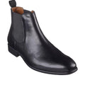 The Skechers Mens Trentmore Heights Black Leather Pull On Boot features an elastic side panel, pull tab, Air-Cooled Memory Foam cushioning, and a low heel, displayed against a white background.