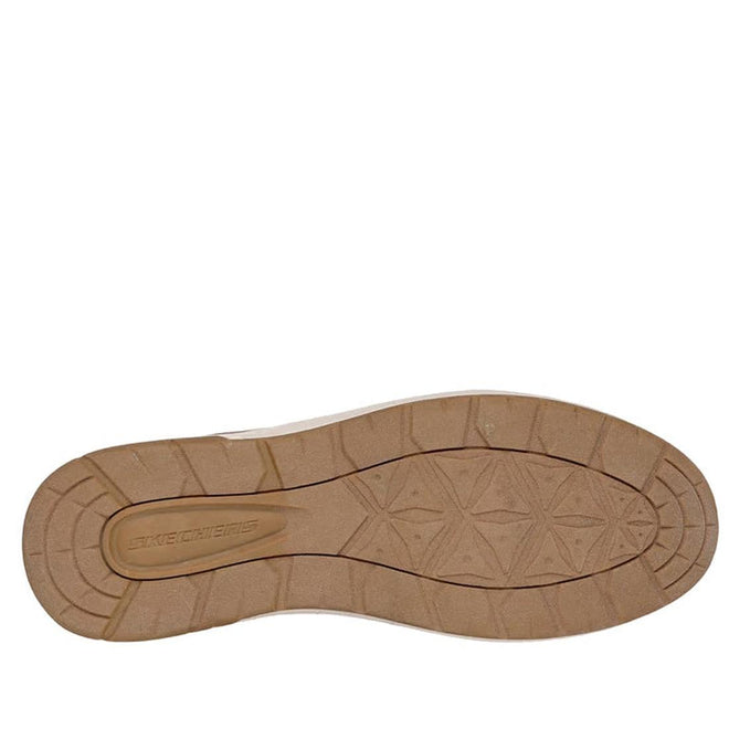 The Skechers Mens Wide Width Garlan Pryor Waterproof Slip-on Trainer in brown features a rubber sole with geometric tread, textured grooves for grip, and the Skechers logo embossed near the heel as part of the Relaxed Fit collection., 52100, 52101, 198376435479, 198376435493, 198376435516