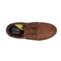 Top view of the Skechers Men's Wide Width Garlan Pryor Waterproof Slip-On Trainer in brown, featuring cushioned Air-Cooled Memory Foam insole and branding inside. Designed for comfort and extra wide width needs., 52100, 52101, 198376435479, 198376435493, 198376435516