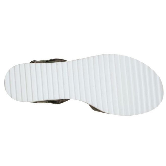 The image shows the bottom view of the Skechers Bobs Womens Desert Kiss Secret Picnic Wedge Sandal in Olive, featuring a white, ridged sole with horizontal grooves for traction. The edge of the sandal’s upper and Memory Foam insole is partially visible., 194428807249, 194428807256, 194428807263, 194428807270, 194428807287, 40840, 194428807300, 194428807317, 194428807225, 194428807201