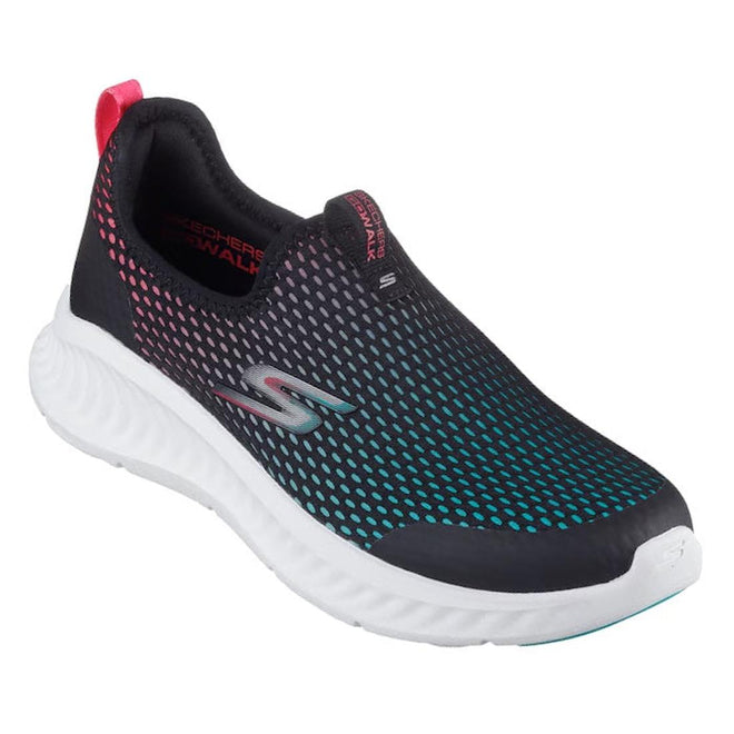 Black and pink slip on sneaker with white sole on a white background, right foot front and side view
