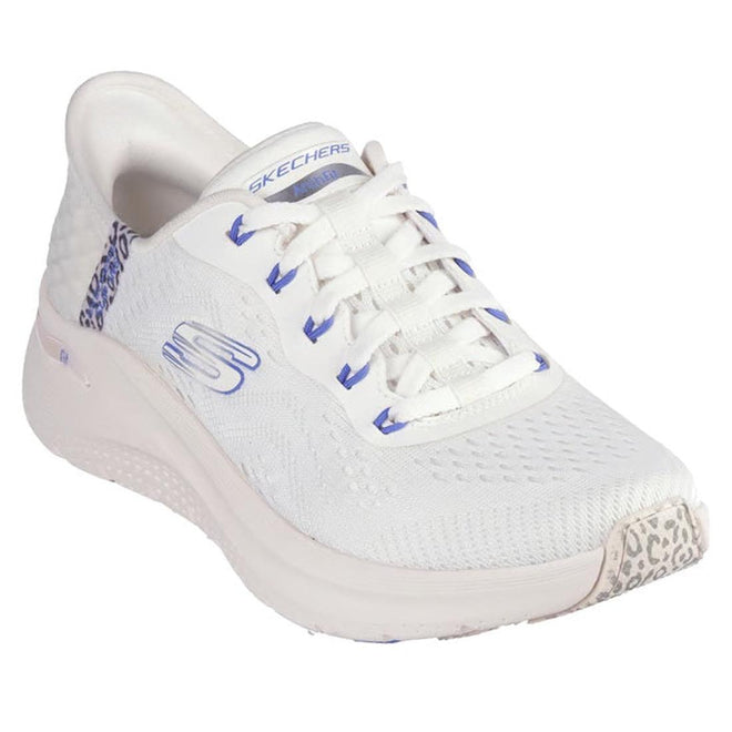 The Skechers Arch Fit 2.0 Slip In Spotted Grace White Blue features a white mesh upper, blue accents, leopard print details on heel and toe, hands-free slip-in design, convenient laces, and supportive Arch Fit comfort.