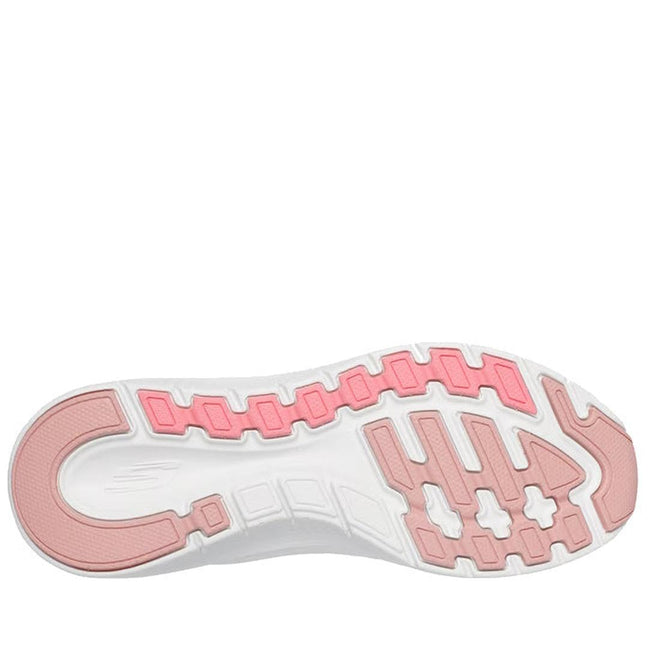 The image shows the bottom of a Skechers Arch Fit 2.0 Slip In Spotted Grace Black Multi sneaker, featuring a white sole with pink tread accents for grip, flexibility, and Arch Fit comfort., 199025299961, 48851, 199025299985, 48853, 199025300001, 48855, 199025300025, 48857, 199025300049, 199025300063