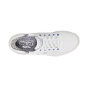 Top view of the Skechers Arch Fit 2.0 Slip In Spotted Grace in White Blue, a vegan slip-on with blue accents, white laces, a patterned gray/white insole, breathable mesh upper, and rounded toe for comfort., 48793, 48794, 199025962681, 48796, 199025962704, 48798, 199025962728, 48800, 48801, 48802