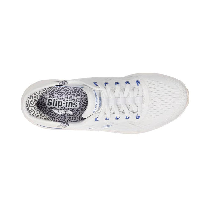 Top view of the Skechers Arch Fit 2.0 Slip In Spotted Grace in White Blue, a vegan slip-on with blue accents, white laces, a patterned gray/white insole, breathable mesh upper, and rounded toe for comfort., 48793, 48794, 199025962681, 48796, 199025962704, 48798, 199025962728, 48800, 48801, 48802
