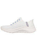 The Skechers Arch Fit 2.0 Slip In Spotted Grace White Blue is a white athletic sneaker with a textured sole, light blue lace eyelets, patterned heel detail, and Hands Free Slip-ins tech, shown from the side on a plain white background., 48793, 48794, 199025962681, 48796, 199025962704, 48798, 199025962728, 48800, 48801, 48802