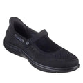The Skechers Slip In Mary Jane Shoe On The Go Flex Rasiant - Estel is a black, vegan slip-on with a fabric upper, instep strap, and cushioned sole. Lightweight and comfy, it’s perfect for casual or everyday wear.
