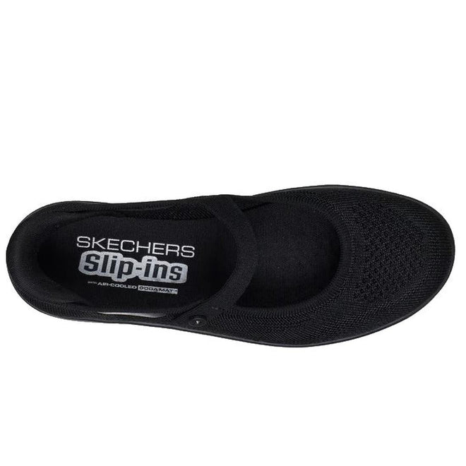 Top view of a black Skechers Slip In Mary Jane Shoe On The Go Flex Rasiant - Estel, featuring a mesh upper, elastic strap, and an insole labeled Skechers Slip-ins with Air-Cooled Memory Foam., 48977, 48978, 198739771893, 48980, 198739771916, 48982, 198739771930, 48984, 198739771954, 48986