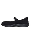 The Skechers Slip In Mary Jane Shoe On The Go Flex Rasiant - Estel features a black knit upper, single instep strap, rounded toe, and black rubber sole, shown in profile on white. Part of the Skechers Hands Free Slip-ins vegan collection., 48977, 48978, 198739771893, 48980, 198739771916, 48982, 198739771930, 48984, 198739771954, 48986