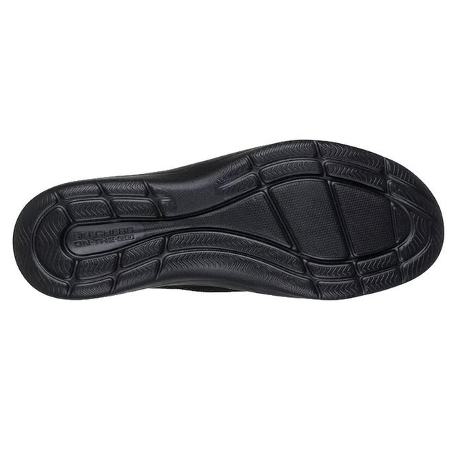 The image shows the black rubber sole of the Skechers Slip In Mary Jane Shoe On The Go Flex Rasiant - Estel, featuring textured grip patterns, an embossed Skechers logo near the heel, and Hands Free Slip-ins convenience from their vegan collection., 48977, 48978, 198739771893, 48980, 198739771916, 48982, 198739771930, 48984, 198739771954, 48986