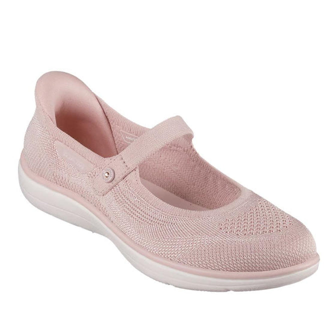 The Skechers Slip In Mary Jane Shoe On The Go Flex Radiant - Estel Blush Pink features a knit mesh upper, adjustable strap, white rubber sole, and Hands Free Slip-ins for easy wear—perfect for comfort and casual style.