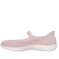 The Skechers Slip-In Mary Jane Shoe On The Go Flex Radiant - Estel in blush pink features a stretchy strap, breathable mesh upper, and thick white cushioned sole. Shown from the side on a plain white background., 49921, 49922, 198739772029, 49924, 198739772043, 49926, 198739772067, 49928, 198739772081, 49930