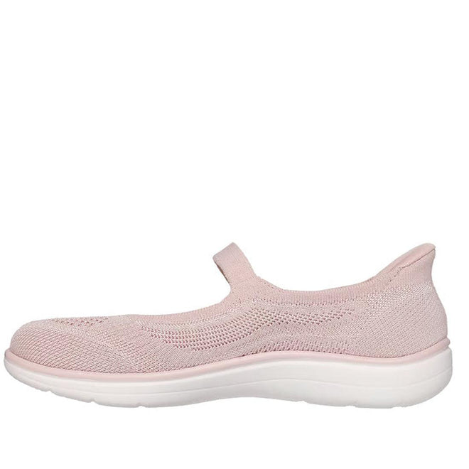 The Skechers Slip-In Mary Jane Shoe On The Go Flex Radiant - Estel in blush pink features a stretchy strap, breathable mesh upper, and thick white cushioned sole. Shown from the side on a plain white background., 49921, 49922, 198739772029, 49924, 198739772043, 49926, 198739772067, 49928, 198739772081, 49930