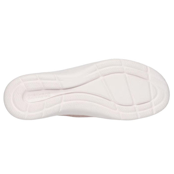 The image shows the sole of a blush pink Skechers Slip In Mary Jane Shoe On The Go Flex Radiant - Estel, featuring a textured, patterned design with curved grooves for traction and flexibility., 49921, 49922, 198739772029, 49924, 198739772043, 49926, 198739772067, 49928, 198739772081, 49930