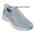 The Skechers Womens Slip Ins Glide Step Pursuit Sage Sneakers are light green with a white sole and elastic laces, viewed at an angle. Features Air-Cooled Memory Foam for comfort. Text notes COLOUR is more green in real life.