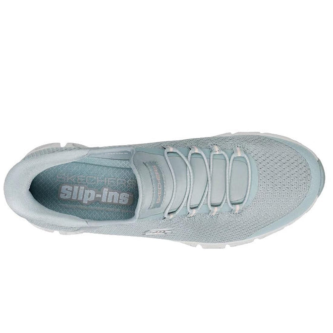 Top view of Skechers Womens Slip Ins Glide Step Pursuit Sage Sneakers featuring a light blue mesh upper, elastic laces, Air-Cooled Memory Foam insole, and visible Skechers branding on the insole and tongue., 199025100960, 199025100984, 48989, 199025101004, 48991, 199025101028, 48993, 199025101042, 199025101059