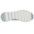 The image shows the underside of a white Skechers Womens Slip-Ins Glide Step Pursuit Sage sneaker sole with segmented, textured rubber sections and light blue accents on the toe and heel., 199025100960, 199025100984, 48989, 199025101004, 48991, 199025101028, 48993, 199025101042, 199025101059