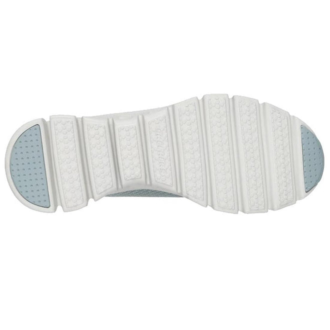 The image shows the underside of a white Skechers Womens Slip-Ins Glide Step Pursuit Sage sneaker sole with segmented, textured rubber sections and light blue accents on the toe and heel., 199025100960, 199025100984, 48989, 199025101004, 48991, 199025101028, 48993, 199025101042, 199025101059