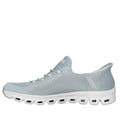 The Skechers Womens Slip Ins Glide Step Pursuit Sage Sneakers are athletic vegan shoes in light blue, featuring a mesh upper, white ventilated sole, low-cut design, minimal heel branding, and Air-Cooled Memory Foam for comfort., 199025100960, 199025100984, 48989, 199025101004, 48991, 199025101028, 48993, 199025101042, 199025101059