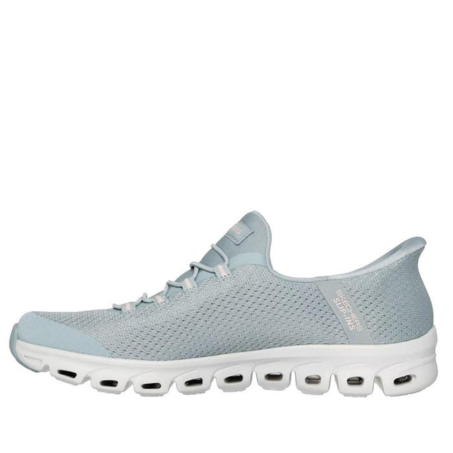 The Skechers Womens Slip Ins Glide Step Pursuit Sage Sneakers are athletic vegan shoes in light blue, featuring a mesh upper, white ventilated sole, low-cut design, minimal heel branding, and Air-Cooled Memory Foam for comfort., 199025100960, 199025100984, 48989, 199025101004, 48991, 199025101028, 48993, 199025101042, 199025101059